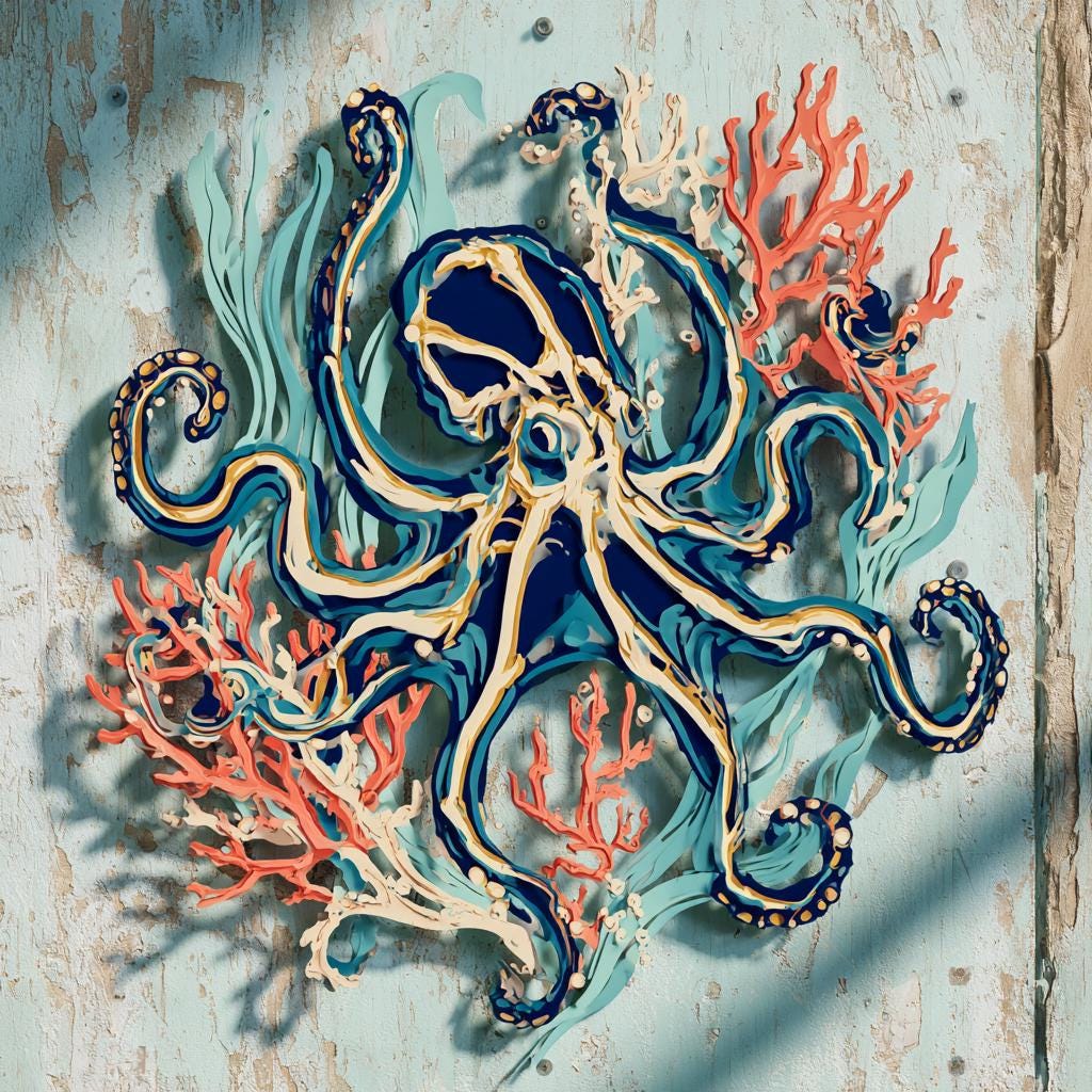 UV Printed Aluminum Octopus Skeleton Wall Art: Coastal Ocean Decor (2D Metal Sign)