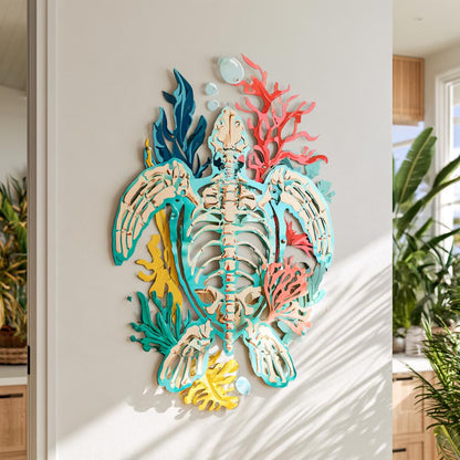 UV Printed Aluminum Sea Turtle Skeleton Wall Art, Coastal Home Decor